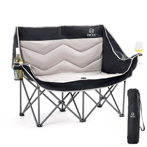 Nice C Loveseat Camping Chair, Double Camping Chair, Outdoor Camping Couch, Oversized Camping Loveseat, Padded Folding Chair for Adults, with Cooler Bag, Wine Glass Holder (Black&Grey)