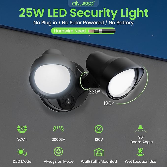 ALUSSO® Dusk to Dawn Outdoor Lighting, 25W 2000LM Dusk Till Dawn Outdoor Light, 3000K/4000K/6000K 3CCT IP65 Security Lights ETL Listed Dusk to Dawn Hardwired for House Garage Yard Walkway Black 1 Pack