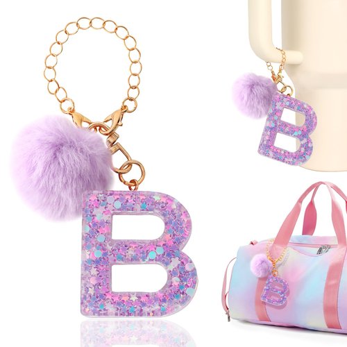 Rabrgab Letter Charm Accessories for Stanley Cup with Handle, Cute Initial Letter for Stanley Tumbler with Bling Charms Purple Pompom B