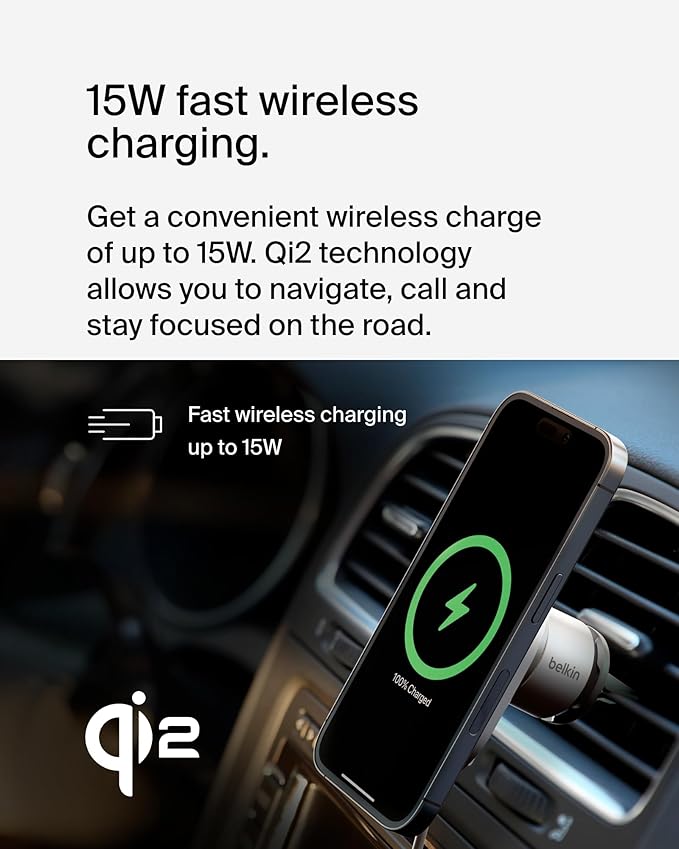 Belkin Wireless Car Charger 15W - MagSafe-Compatible Magnetic Charger - Qi2-Certified Wireless Charger, Magnetic Car Vent Phone Mount for iPhone 16, 15, 14, 13, 12, & Samsung Galaxy S25 Series - Gray
