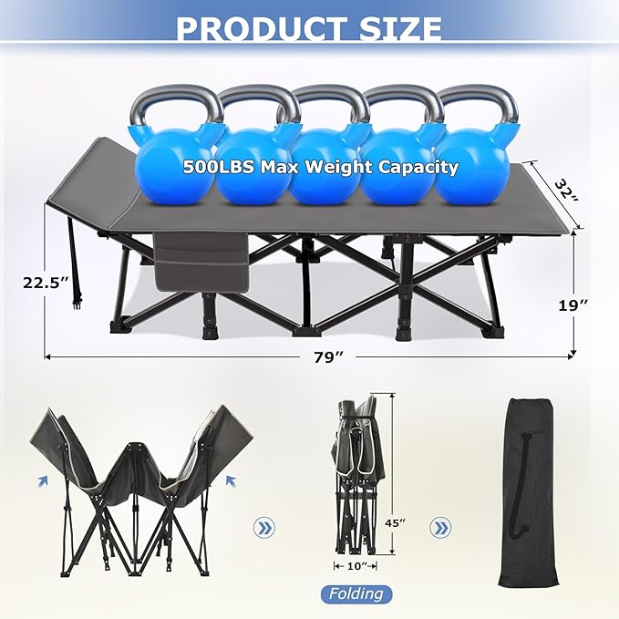 Suteck Camping Cot, 32In XXL Folding Camping Cot Heavy Duty Sleeping Bed for Adults 1200D Double Layer Oxford Cots for Camping W/Pilllow Mattress Carry Bag for Home Office Nap Beach Travel, 500LBS