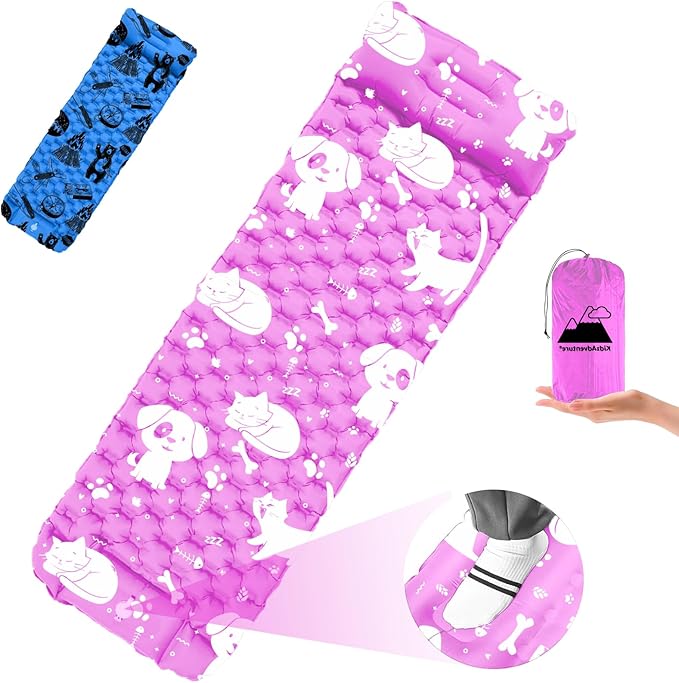 Inflatable Sleeping pad for Kids, Toddler and Youth | Air Mattress w Built-in Pump, 5’5” Ultralight Sleeping Mat with Pillow for Camping, Sleepovers & Travel | Airpad, Kids Cot, Camping Mattress -Pink