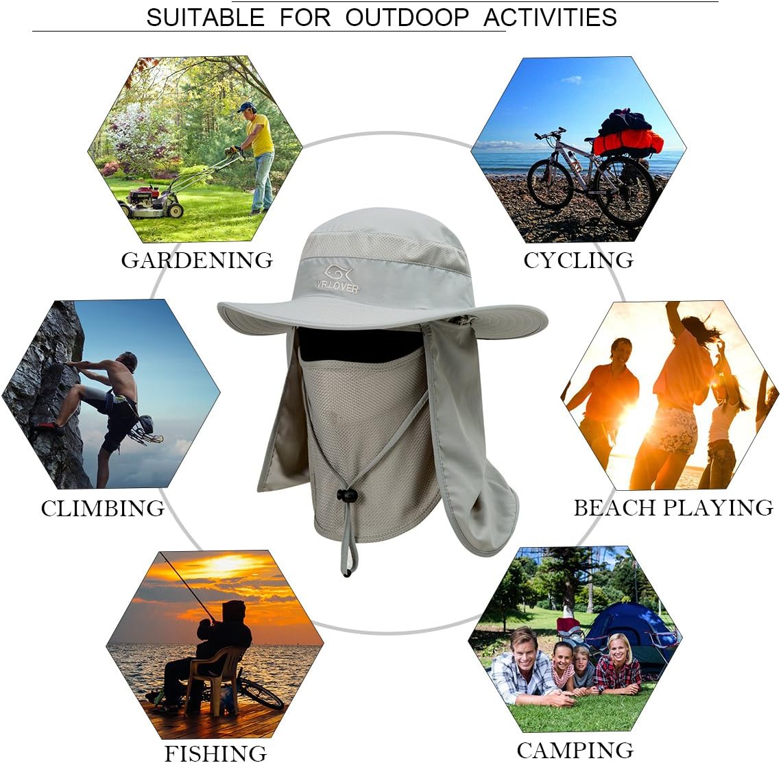 YR.Lover Outdoor UV Sun Protection Wide Brim Fishing Cap with Removable Flap