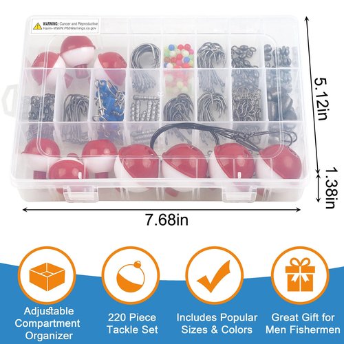 220pcs Fishing Hooks Bobbers Tackle Kit Beginners Equipment Includes Fishing Hooks Bobbers Weight Sinkers Swivel Snaps Starter Kit for Artificial and Live Baits