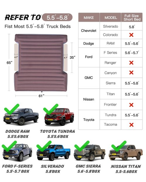 ACOTHOT Truck Bed Air Mattress with Cordless Rechargeable Air Pump, Peachskin Fabric Truck Bed Mattress with 2 Pillows Fits 5.5-5.8ft Short Beds | 9.5" Height Mattress Perfect for Outdoor Camping