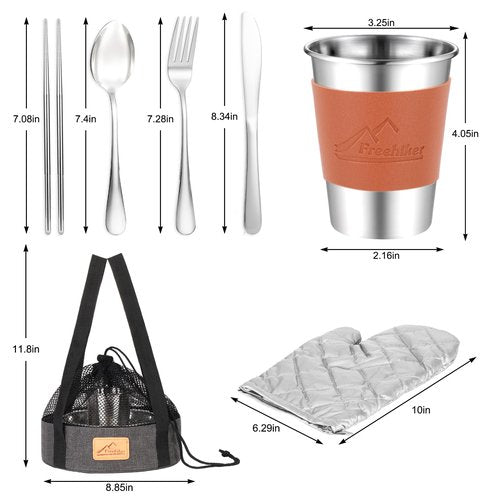 Camping Mess Kit - 1 to 2 Persons Camping Dishes Includes Cups Bowls Dishes Knives Forks Spoons, Etc, Camping Cutlery Set with Mesh Bag is Easy to Carry for Backpacking, Camping, Hiking and Picnics