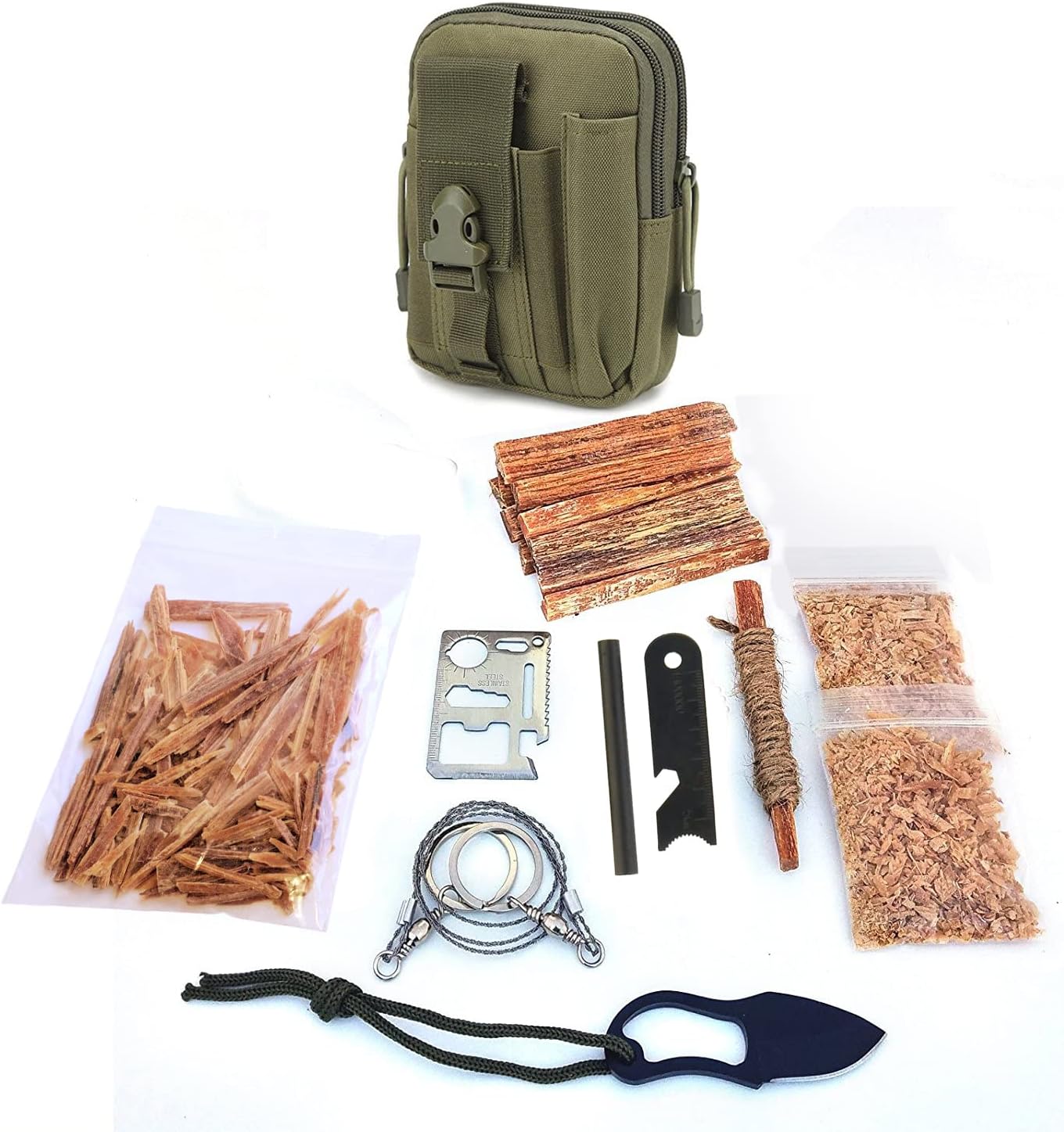 NUCALASurvival Fire Starting Molle Bag Fatwood Ferro Rod Saw Emergency Camping Hiking Fishing Bushcraft Outdoorsman Kaeser Wilderness Supply (Olive)