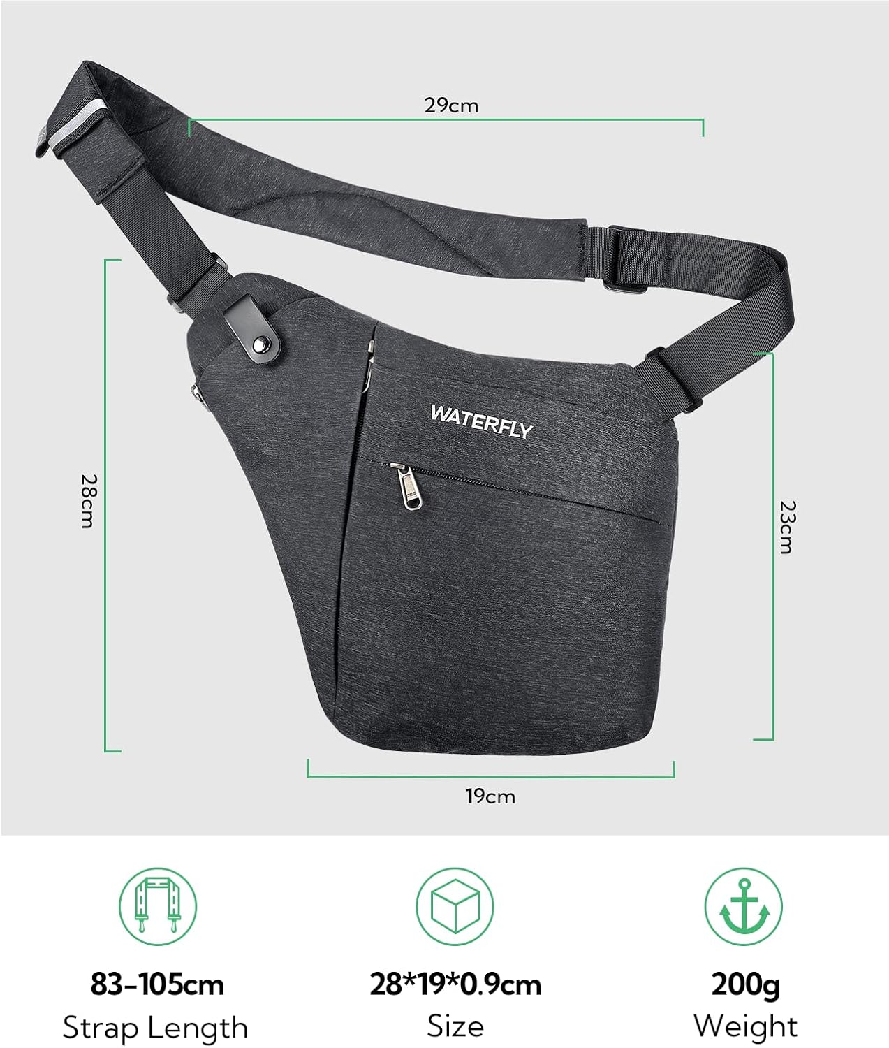 WATERFLY Sling Crossbody Chest Bag: Slim Anti-Theft Cross Body Bag Over Shoulder Backpack Stealth Side Pack Man Woman