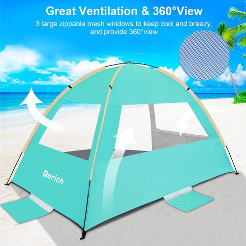 Gorich Beach Tent Sun Shelter with UV UPF50+ Protection for 4-5 People and Extra-Large Sandproof Waterproof Beach Blanket, Perfect for Camping, Travel, and Hiking (SkyRoyal, 10'x9')