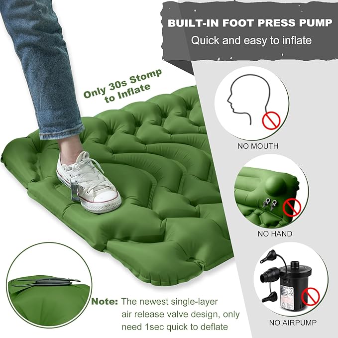 MEETPEAK Camping Sleeping Pad with Pillow, Upgraded 4 Inch Thickness Inflatable Foot Press Camping Mat, Durable Waterproof Lightweight Sleeping Air Mattress for Hiking Backpacking Traveling