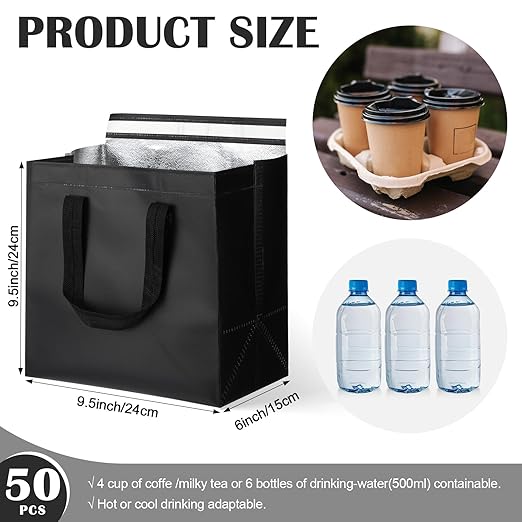 50 Pcs Insulated Take Away Bags Bulk Thermal Insulation Food for Coffee Milk Tea Hot Cold Food Fresh Seafood Cooler Pizza Delivery Bags for Catering Restaurant Grocery (Black)