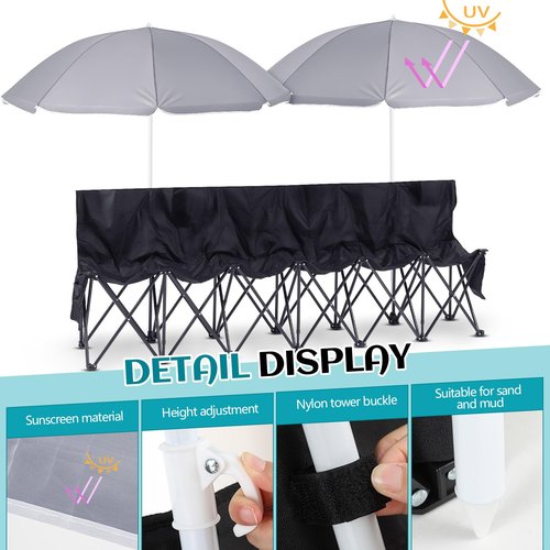 Cinnvoice Folding Soccer Bench Chair Portable Team Sports Sideline Team Bench Seat with Umbrella for Football Camp Travel Events Outdoor Seating with Storage Bag(6 Seat)