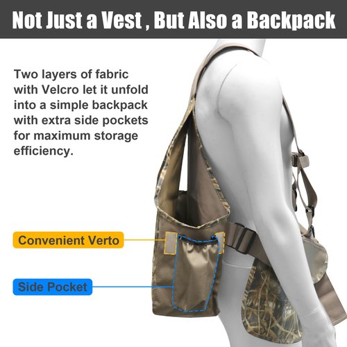 HUNTPAL Upland Hunting Vest Tactical Backpack with Game Pouch, Accessory Pockets, Adjustable Chest Strap and Waist Belt (Waterfowl Camo)