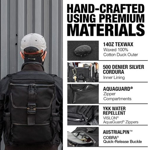 DEFY VerBockel Roll Top Backpack 2.0 | 'Un-Zipped' Waxed Canvas | 28-40 Liter Multi-Use Carry Pack For Men | Utility Backpack w/Laptop Sleeve | Water Repellent Travel Pack (Black)