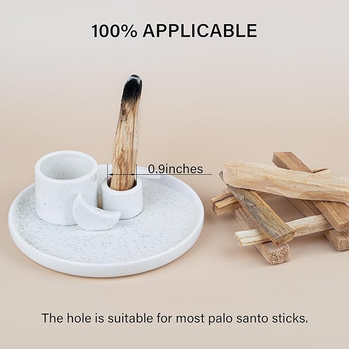 ZenBless 4 in 1 Incense Burner Holder, Palo Santo Holder, Sage Holder for Burning, Incense Holder for Sticks, Candle Holder, 5.9 inches Ceramic Ash Catcher Tray for Meditation Yoga Room(White)
