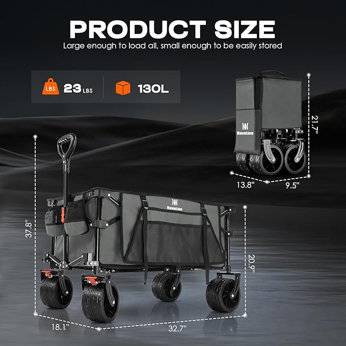 Navatiee Big Wheels Collapsible Wagon Cart Foldable, Heavy Duty Beach Wagon with Silent All-Terrain Wheels, Folding Utility Grocery Cart with Side Pocket and Brakes for Camping Garden Sports, Gray