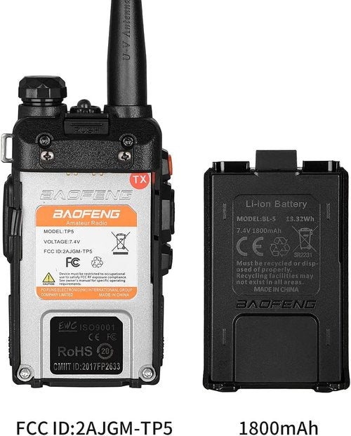 Baofeng UV-5R Two Way Radio Dual Band 144-148/420-450Mhz Walkie Talkie 1800mAh Li-ion Battery(Black)