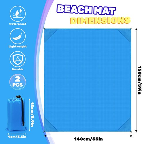 Roucerlin 2 Pack Pocket Beach Blanket with Bag, 59'' x 55'' (2-3 Adults) Beach Mat Sand Free Waterproof, Lightweight Outdoor Picnic Blankets, Packable Camping Blanket Tarp for Hiking Travel (Blue)
