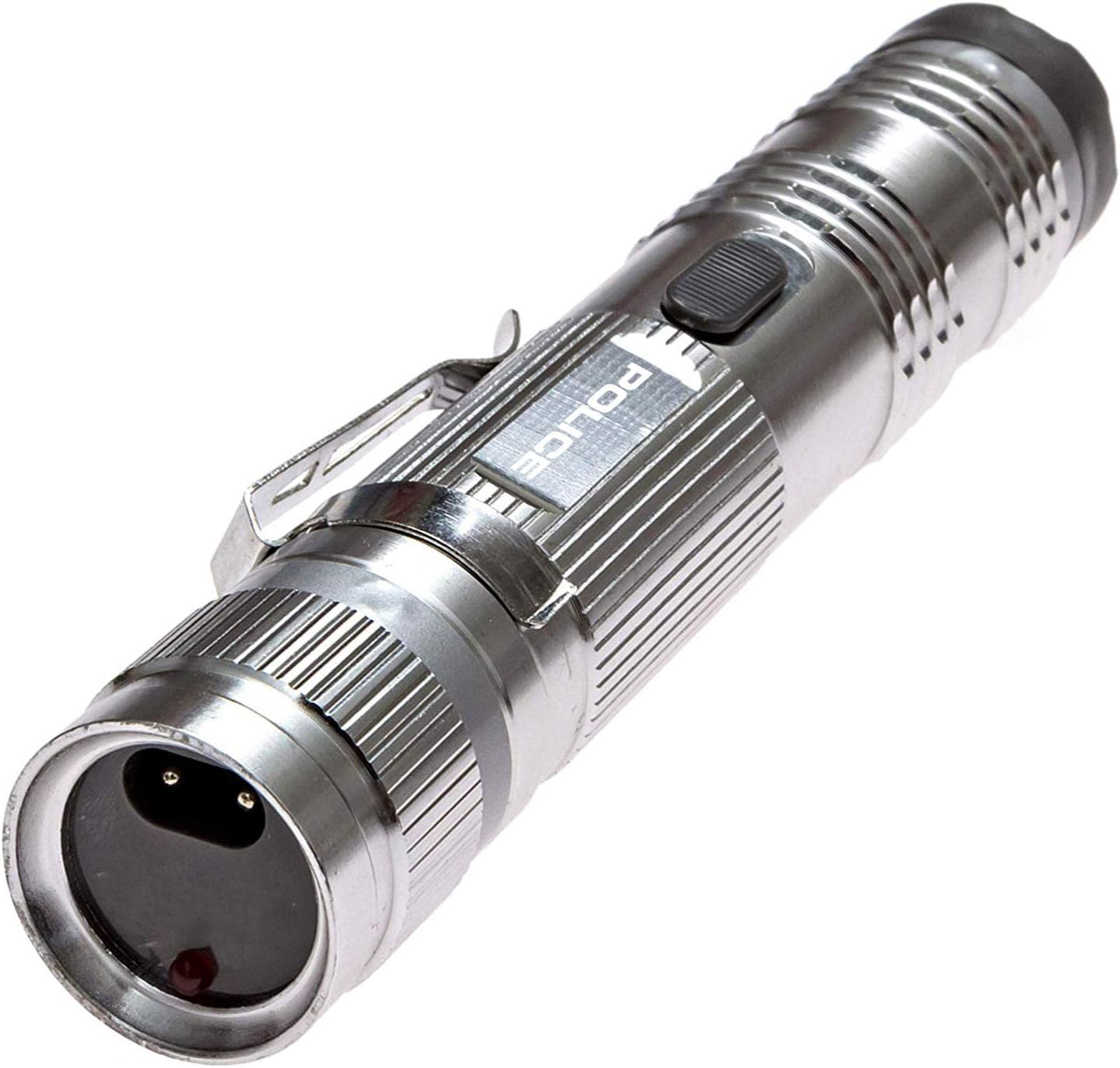 POLICE Stun Gun for Self Defense – M12 Aluminum High Voltage Mini Rechargeable with LED Flashlight, Compact & Heavy Duty – Personal Security for Women & Men – Grey