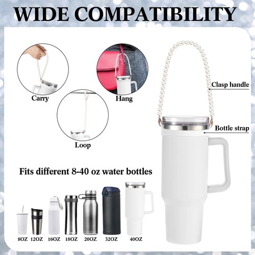 SiliFine 2 Pcs Silicone Water Bottle Handle Holder with Pearl Strap Compatible with Stanley Cup Accessories Sling Water Bottle Carrier Holde Fits Most 8-40 oz Tumbler Gift for Woman(White,Pink)