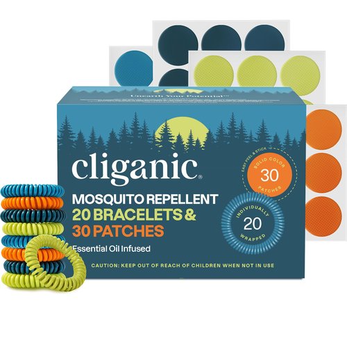 Cliganic Mosquito Repellent Bracelet Stickers Pack for Kids & Adults Multi Color, Natural DEET-Free, Essential Oil Infused 20 Bands with 30 Patches, Citronella Scent (50)