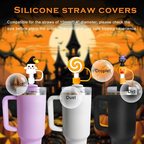 Meomchee Halloween Stanley Cup Accessories, 3Pcs Cute Silicone Straw Toppers and 1 Ghost Charm, Personalized Accessories for Stanley 30 40 oz Tumbler with Handle