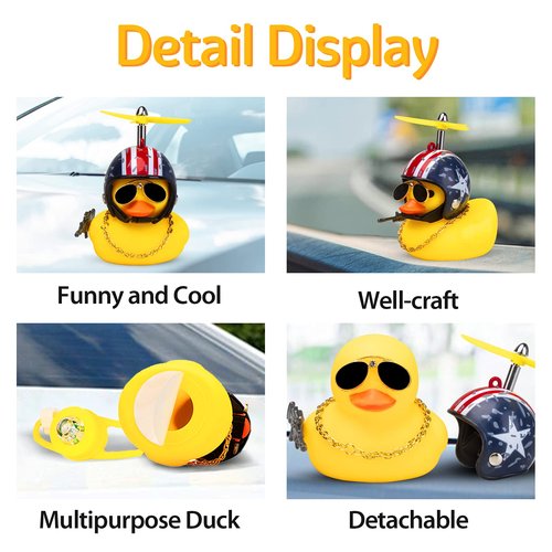 wonuu 2Pcs Car Rubber Duck for Dashboard Decorations with Propeller Helmet Sunglasses Necklace Cars Accessories Yellow Ducks Car Ornament, Black+Shark