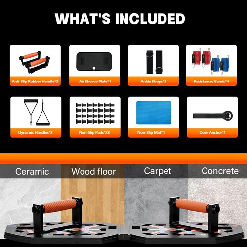 VEICK Push Up Board Fitness, Portable Foldable Exercise Equipment, Fitness Accessories with Resistance Bands Skateboard, Professional Strength Training Equipment for Men Women, Orange