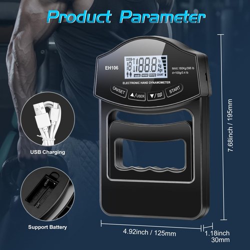 396lbs / 180kg Grip Strength Tester Trainer - Dynamometer Handgrip Measurer Meter with LCD Display, Handheld Strengthener Exerciser for Sports, School, and Home Use (396Lbs / 180Kgs)