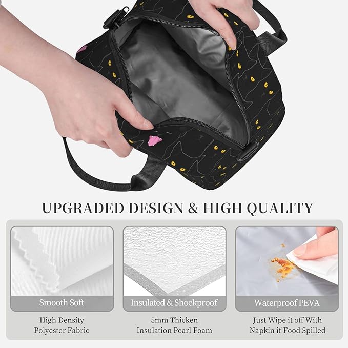 bassyil Black Cat Lunch Box Reusable Insulated Totes Lunch Bag Thermal Cooler Adjustable Shoulder Strap Bag For Men Women