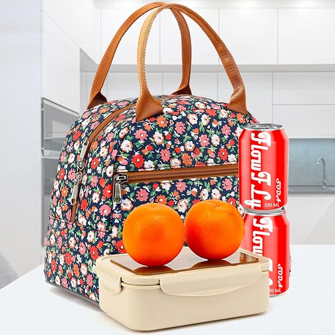 FlowFly Insulated Lunch Bag for Women, Men, and Kids, Large and Reusable, Handle, Freezable Work and School Travel Tote and Meal Prep Organizer, Waterproof Polyester,Floral