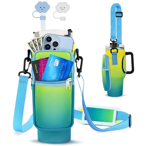 Peesio Water Bottle Carrier Bag with Strap for Stanley 40 oz, Tumbler Carrier Bag & Case, Green Holder Pouch with Straw Cover & Carabiner for Stanley Cup Accessories
