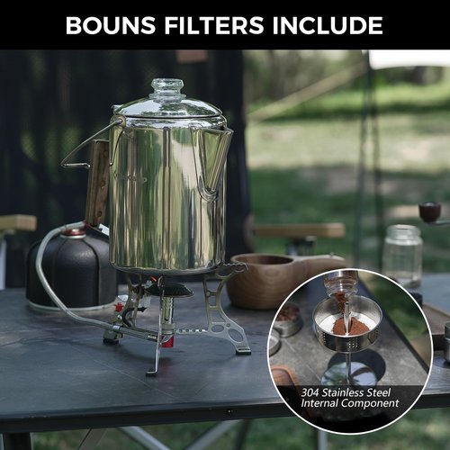 KingCamp Percolator Coffee Pot Campfire Coffee Boiler Kettle 304 Stainless Steel with Wood Handle for Outdoor Camping Cookware, Cabin, RV, Kitchen, Hunting & Backpacking, NO Aluminum or Plastic 9 Cup
