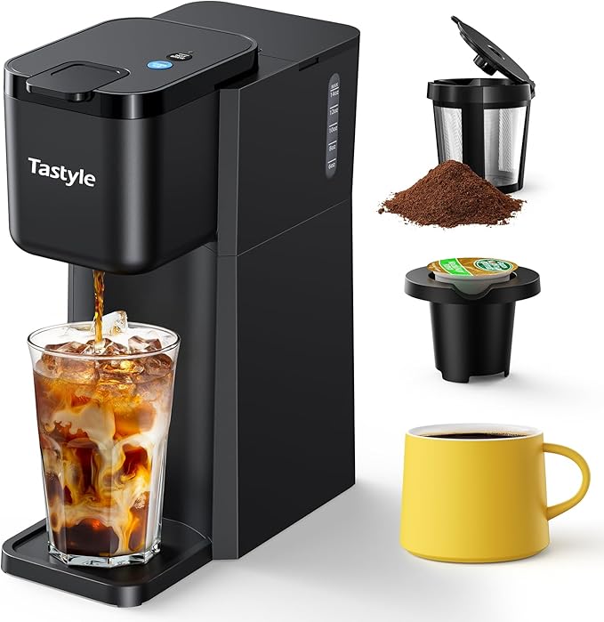 Mini Hot and Iced Coffee Maker Single Serve, for K Cup and Ground, 6 to 14 Oz Brew Sizes, with Recipe Book, for Home, Travel, RV, Office and Dorm, Classic Black (2.0 Version)