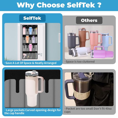 SelfTek Over the Door Water Bottle Tumbler Organizer, 17 Pockets Large Capacity Cup Organizer for S-tanley 40oz Tumbler, Foldable Hanging Holder with Straw Pocket, Cup Storage Back of Door