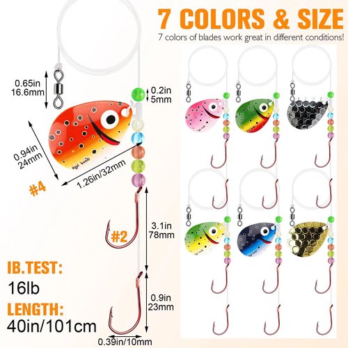 Dovesun Walleye Rigs 16lb Walleye Spinner Rig Crawler Harness with Unique Smile Blades Worm Harnesses for Walleye Fishing #2 Octopus Hooks 7PCS