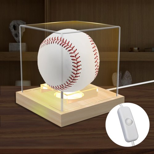 Baseball Display Case with Led Light, Light up Clear Baseball Holder with Wooden Base, Acrylic Baseball Case Display for Balls, Memorabilia Signed Baseball Display Box, Pine Wood (Line Switch)