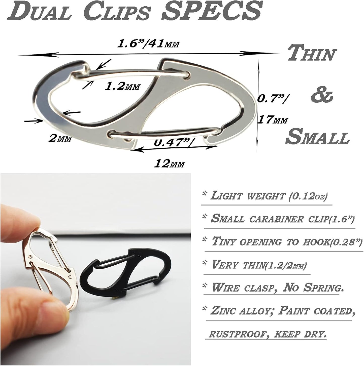 Small Carabiner Clips 1.6 inch(41mm) Metal Double Sided Spring Gate Snap Hooks Keychain Clasp Accessories
