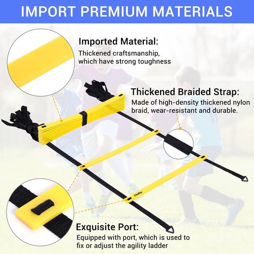 Agility Ladder Speed Training Set: Ohuhu 12 Rung 20ft Soccer Training Equipment for Kids with 12 Cones, 4 Steel Stakes, Instruction Manual & Carrying Bag for Football Exercise Sports Footwork Training