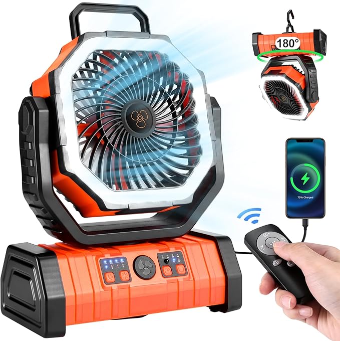 Odoland 30000mAh Camping Fan with LED Lantern, Rechargeable Battery Operated Oscillating with Remote Hook Stroage Bag, Portable Tent Fan with Timer, 4 Speeds for Outdoor RV Jobsite Power Outage,Orange