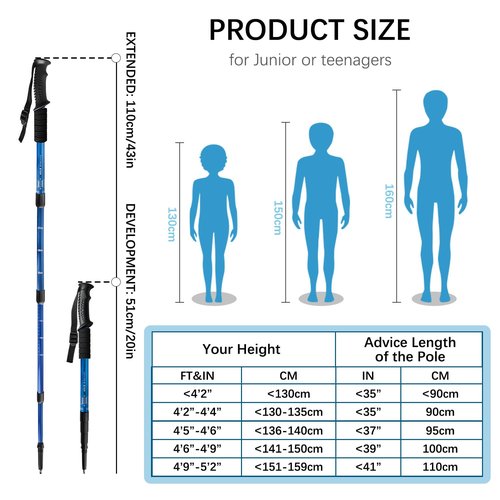 Ynaize Trekking Poles for Junior, 2 Pack Telescopic Hiking Poles Lightweight Collapsible & Shock-Absorbent Aluminum Walking Sticks with Quick Adjustable Locks for Youth & Women - Blue