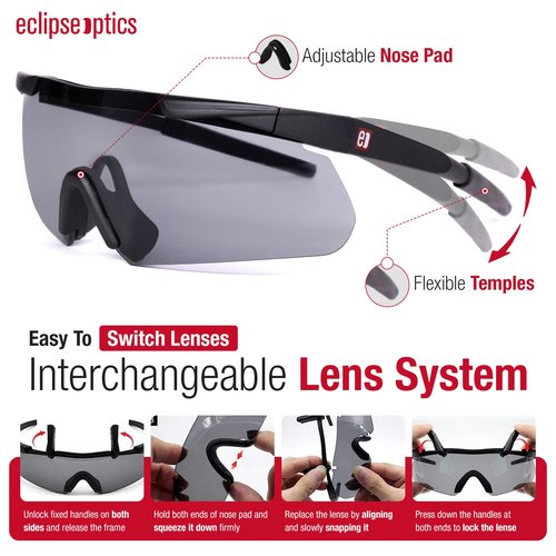 Eclipse Optics Shooting Glasses - ANSI Z87.1+ Anti-Fog and Scratch Resistant Safety Glasses with UV Protection - Black