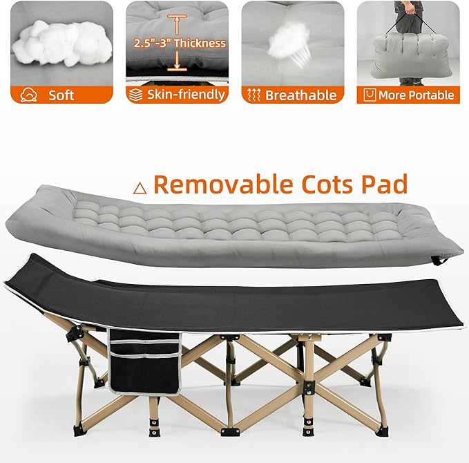 Portable Camping Cot, 600LBS Max Load, Extra Wide with Thick Mattress, Folding Cot for Outdoor Camping/Office, Home Nap (Grey)