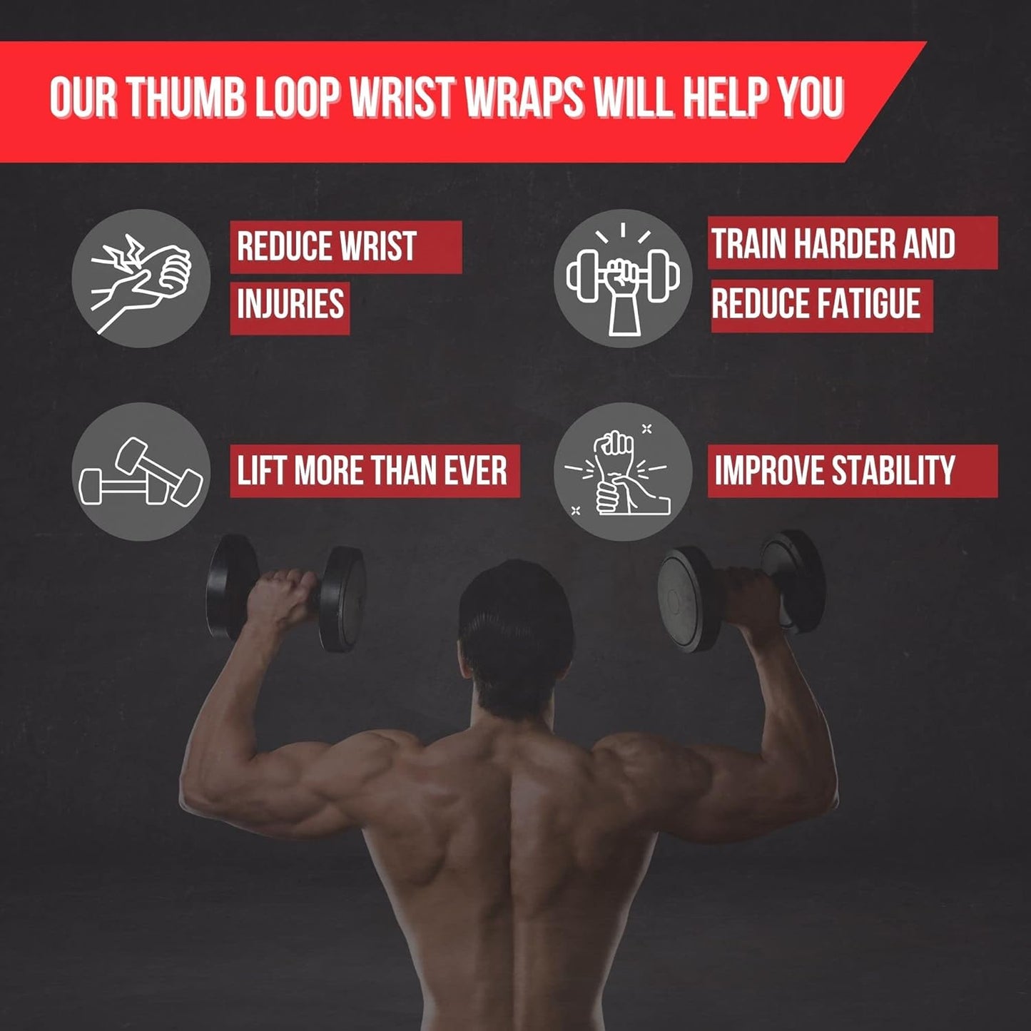 PRO 20'' Lifting Wrist Wraps - Wrist Wraps for Weightlifting Men and Women Suitable - Thumb Loop Wrist Straps for Crossfit, Strength Training - Pair of 2