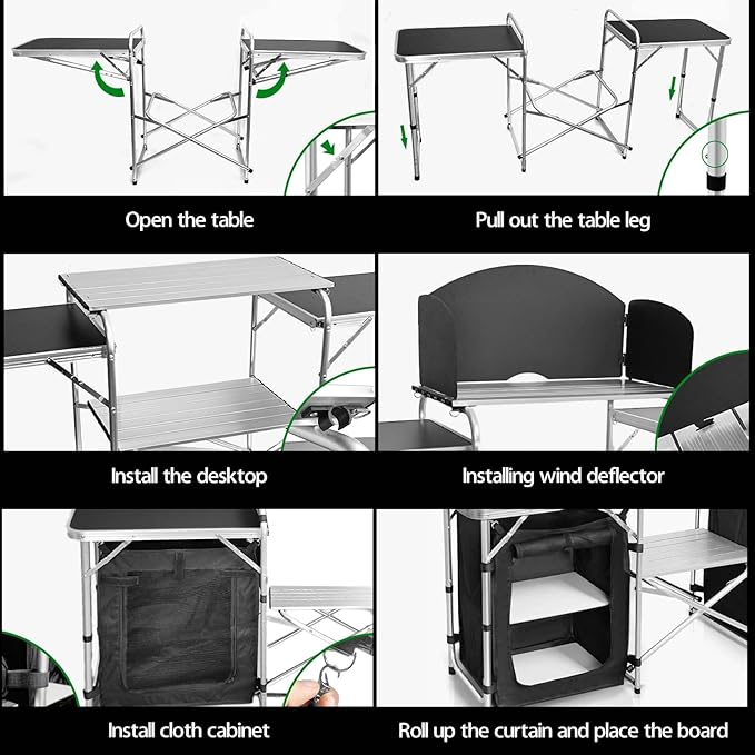 CampLand Folding Cooking Table Outdoor Portable Cook Station Aluminum Camping Kitchen with Storage Organizer, Windscreen, Hooks for BBQ, Party (Black2cabinet)