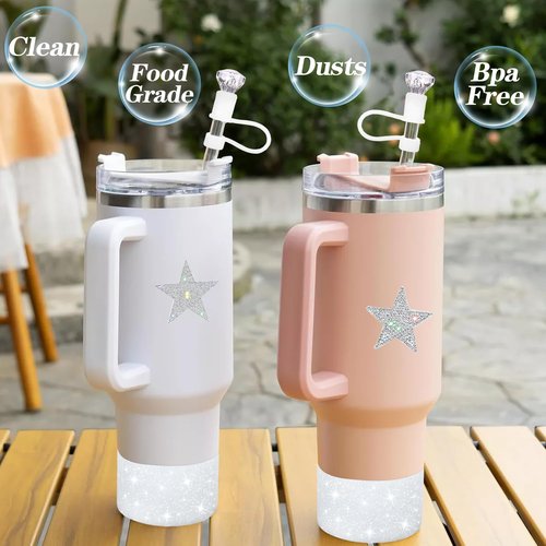 Etyishe 8 Pcs Cup Accessories Set for Cup 40&30oz,Including Diamond Straw Cover,Glitter Silicone Boot,Glitter Heart Charms for Handle and 5pcs Rhinestone Star Stickers for Tumblers(Silver)