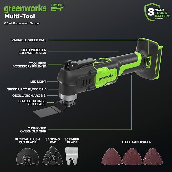 Greenworks 24V Brushless 2 pcs Cordless Power Tool Combo Kit, include Drill Driver, Multi Tool, 2 x 2Ah Batteries and Charger