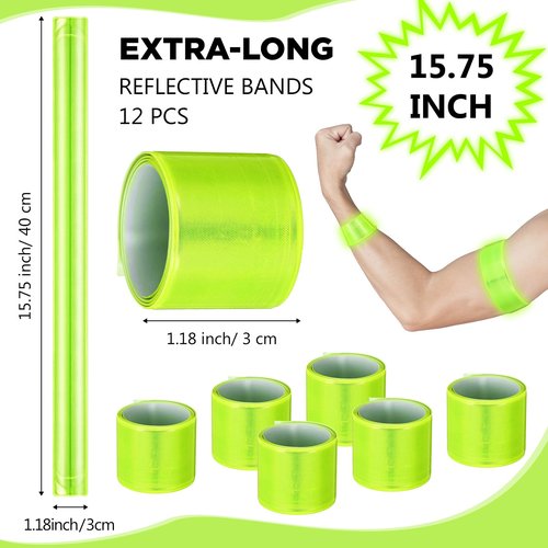 Halloscume 12 Pcs Reflective Arm Bands 15.75 in Reflective Snap Bands Slap Bracelets High Visibility Safety Ankle Strips for Night Walking Cycling Running Jogging Hiking(Green)