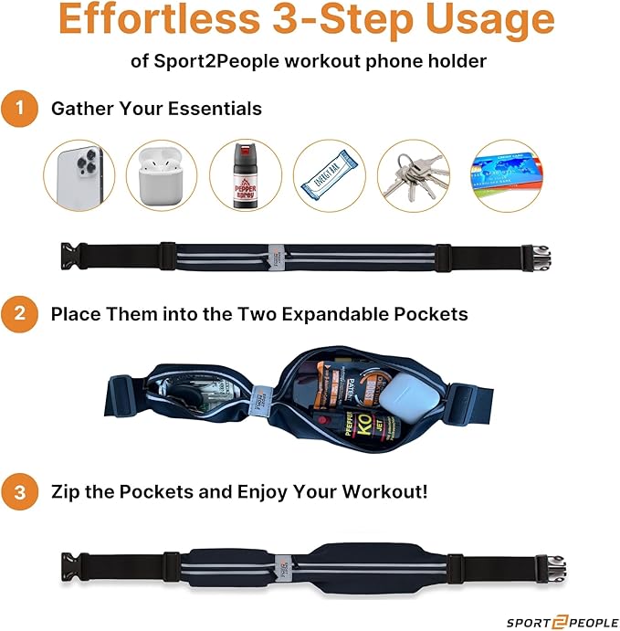 Slim Running Belt for Women and Men, Waterproof Phone Holder for Running, Reflective 2-Pocket Waist Pack for Storing Runner’s Essentials Safely, Runner’s Fanny Pack, Money Belt Fits Most Phones