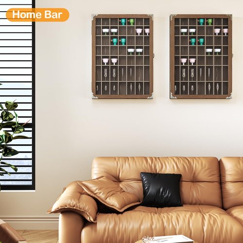 usego Shot Glass Display Case with Door 49 Slots Rustic Shot Glasses Storage Case Wall Mounted Shot Glass Shelf Holder Wooden Display Box with Hinged Acrylic Door,Brown